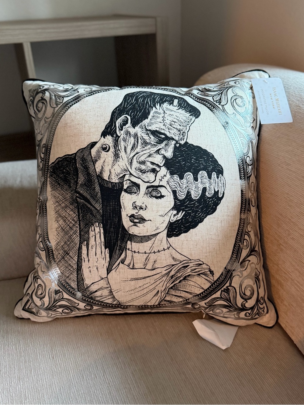Isaac Mizrahi Black Cream Gothic Frankenstein Groom bride Decorative Pillow